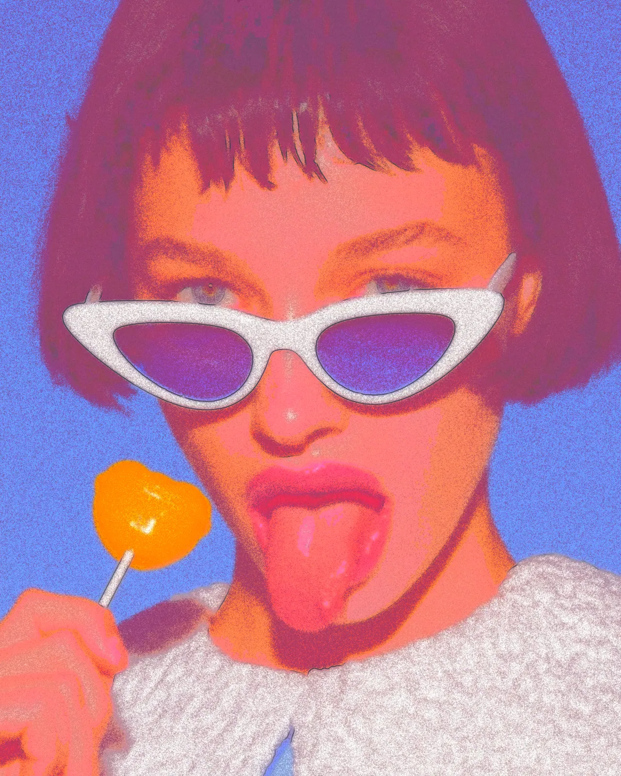 The same portrait as grainy sprayed paint: posterized pink, orange and purple tones, misty edges, a soft dark outline and speckled blue background.