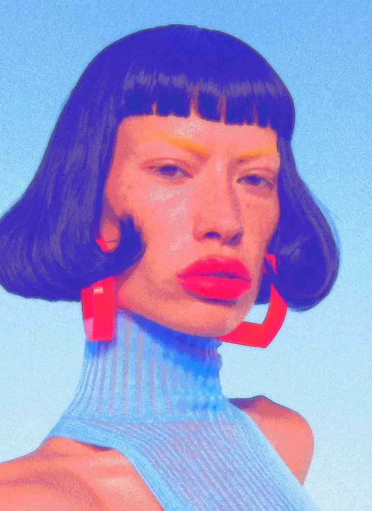 Airbrush Effect on a photo of a woman with a black bob and red earrings