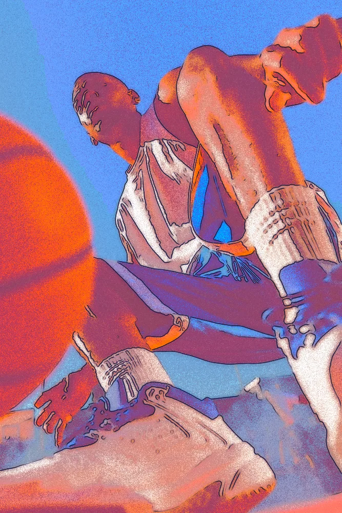 Airbrush Effect on a photo of a basketball player mid-jump