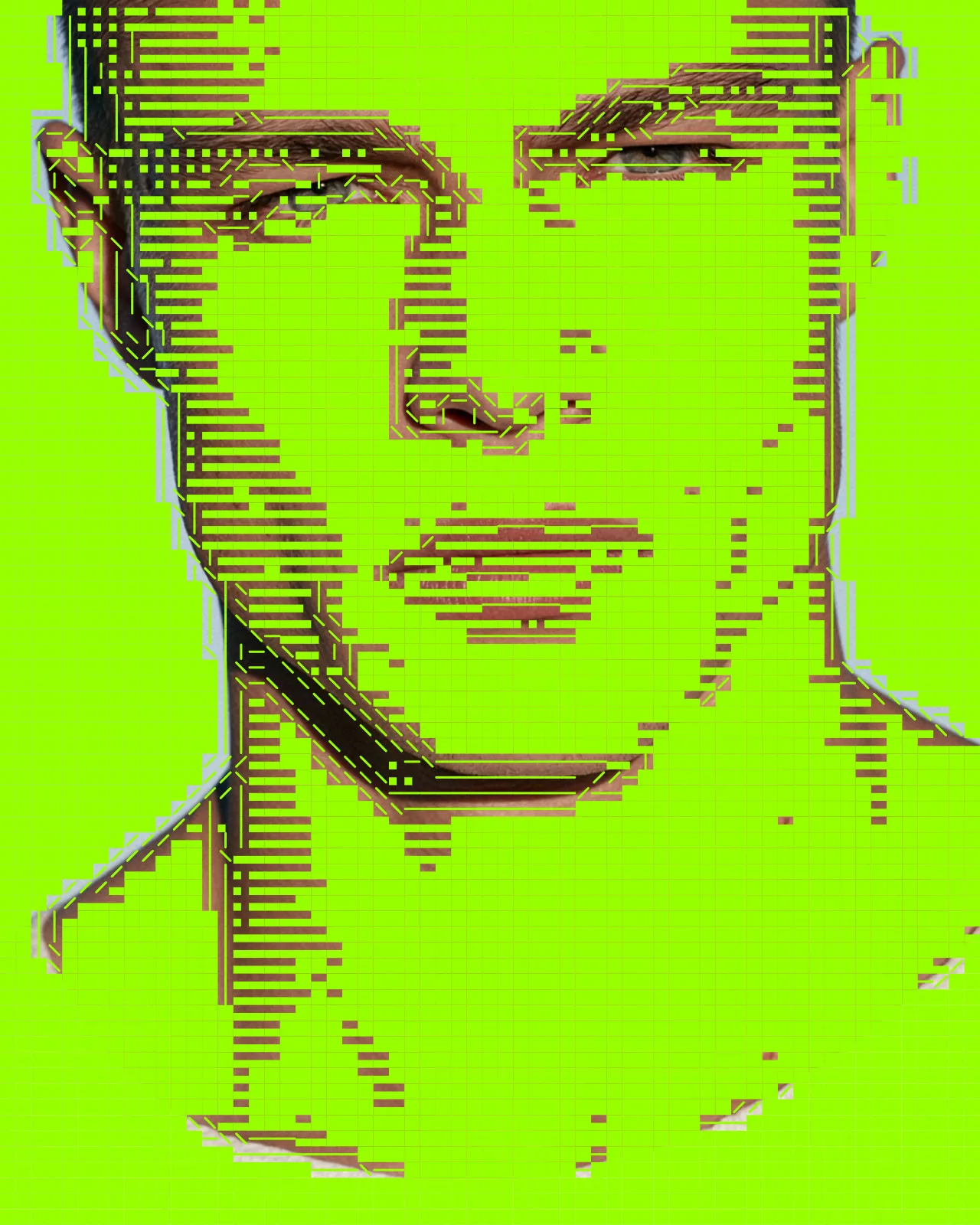 Portrait rebuilt as a grid of horizontal bar glyphs and diagonal edge strokes, with skin tones showing through a bright lime green field.