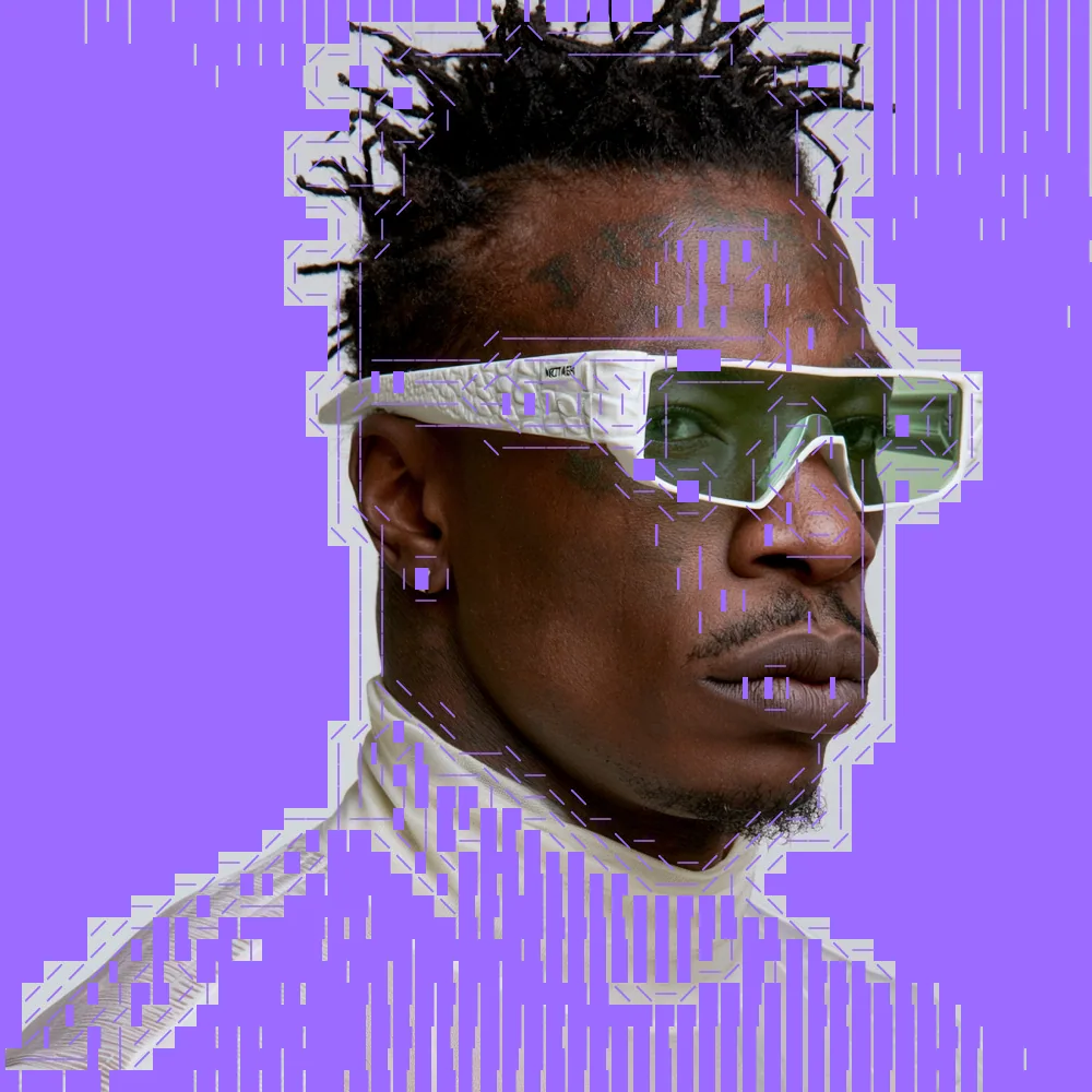 ASCII Art Effect on a photo of a man in white sunglasses