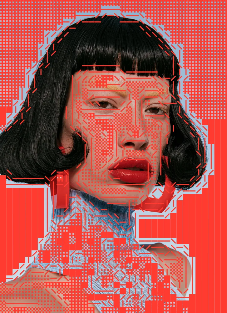 ASCII Art Effect on a photo of a woman with a black bob and red earrings