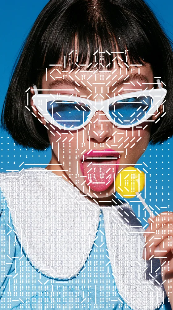 ASCII Art Effect on a photo of a woman in white cat-eye sunglasses