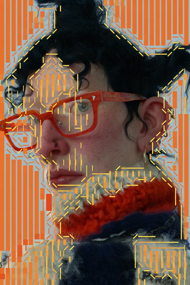 ASCII Art Effect on a photo of a woman in orange glasses and a knit collar