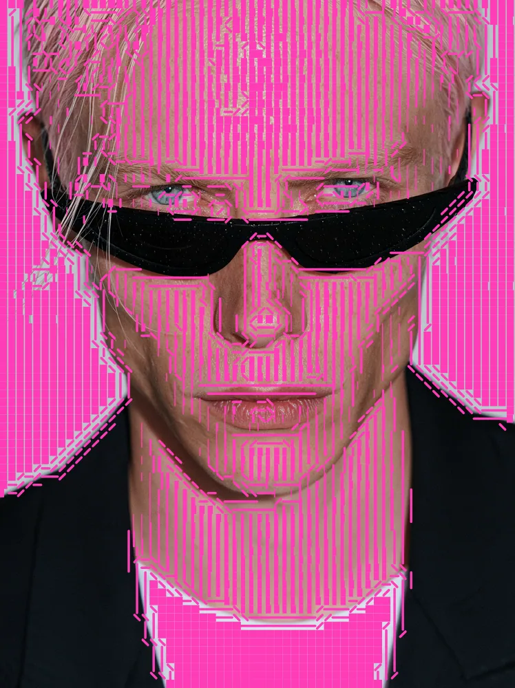 ASCII Art Effect on a photo of a man with pink hair and black sunglasses