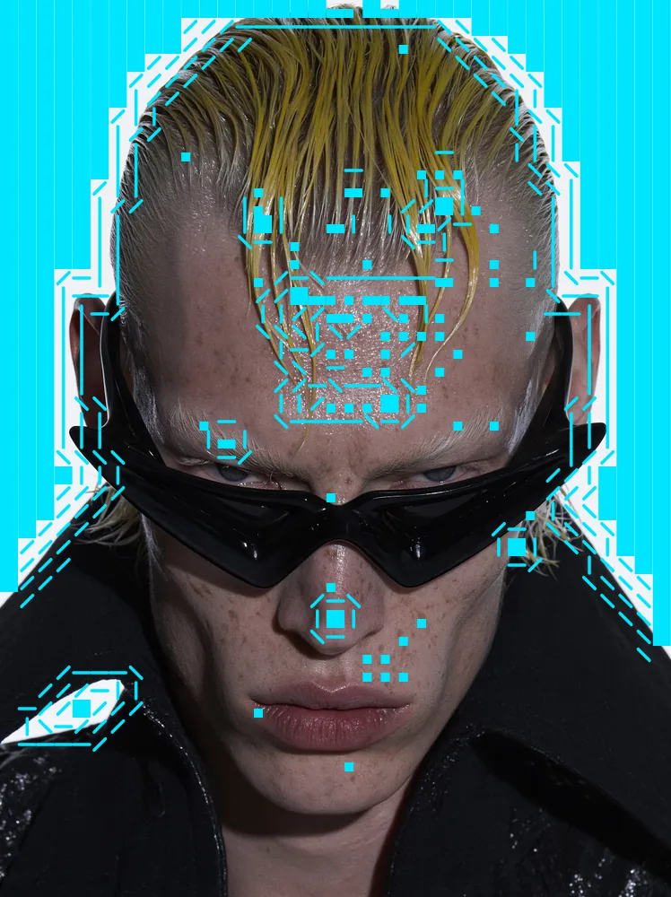 ASCII Art Effect on a photo of a man with slicked blond hair and sunglasses