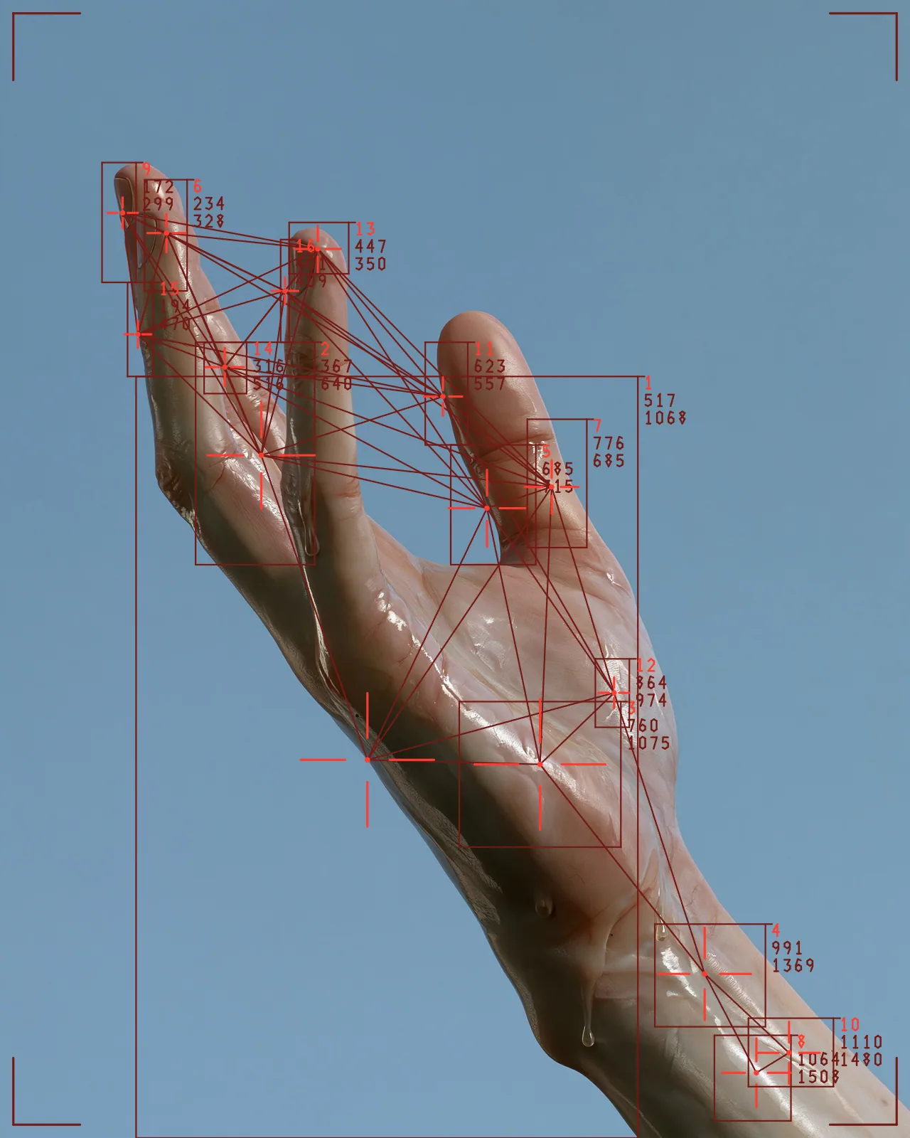 The same hand overlaid with dark red bounding boxes, crosshairs, numbered labels and connecting lines, framed by red corner brackets.