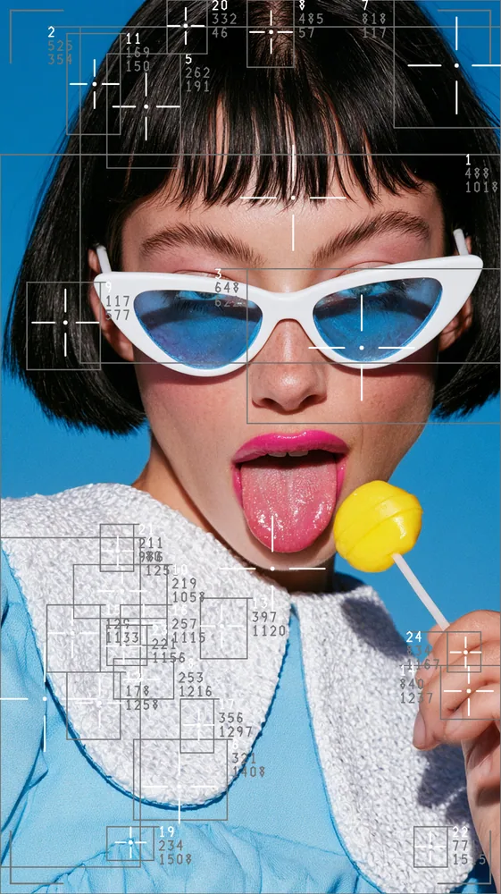 Blob Tracking Effect on a photo of a woman in white cat-eye sunglasses