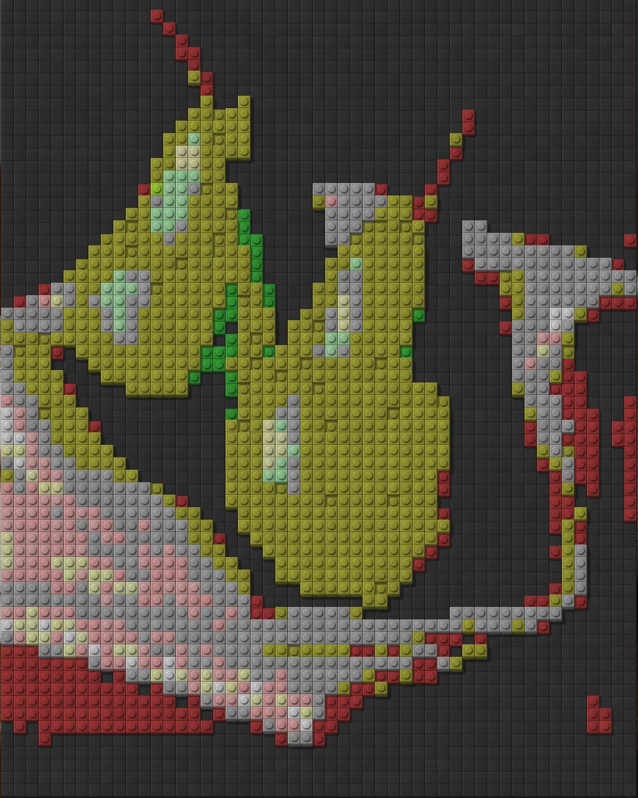 The same pears rebuilt as a grid of studded plastic bricks in olive green, gray, pink and red on a dark gray baseplate.