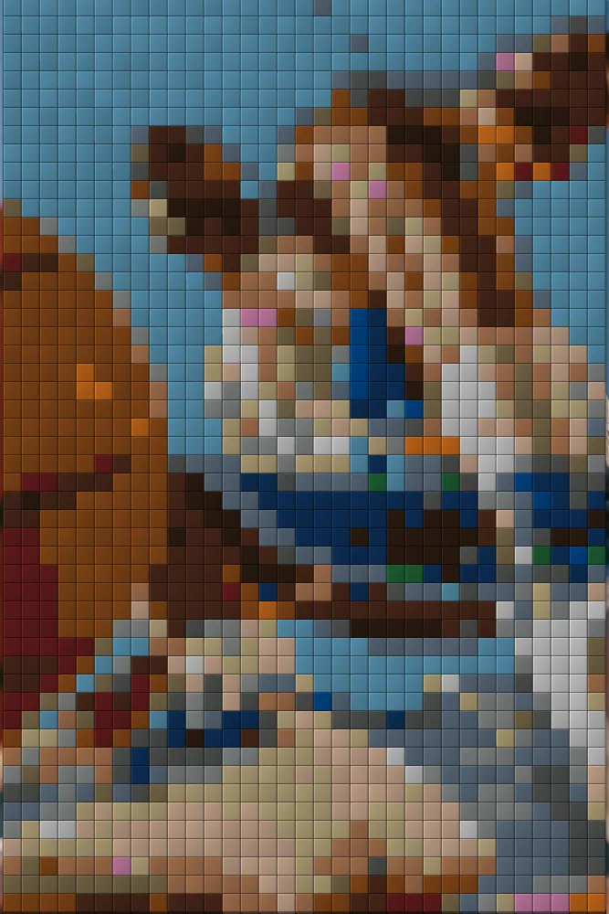 Brick Mosaic Effect on a photo of a basketball player mid-jump