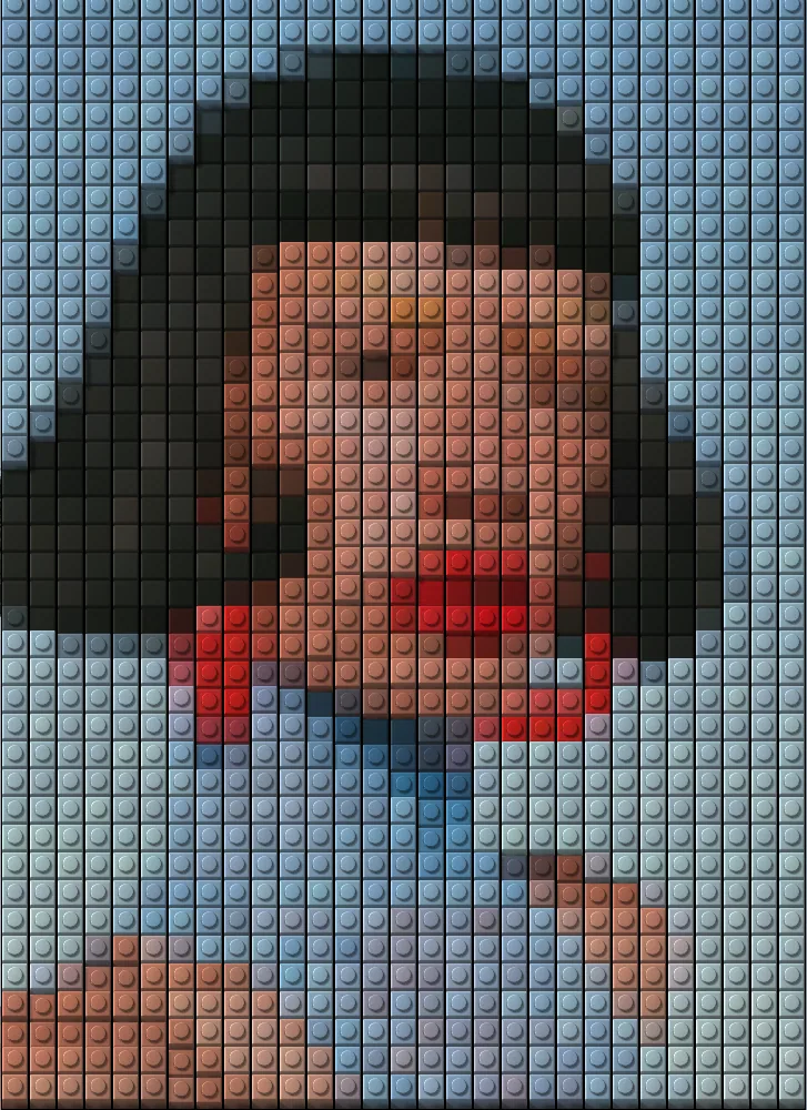 Brick Mosaic Effect on a photo of a woman with a black bob and red earrings