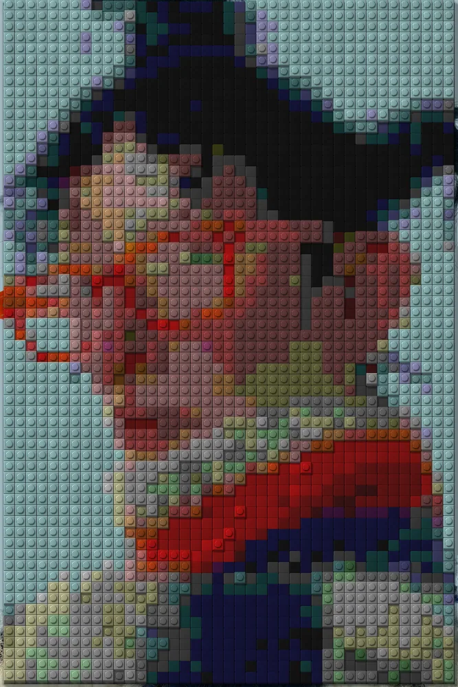 Brick Mosaic Effect on a photo of a woman in orange glasses and a knit collar