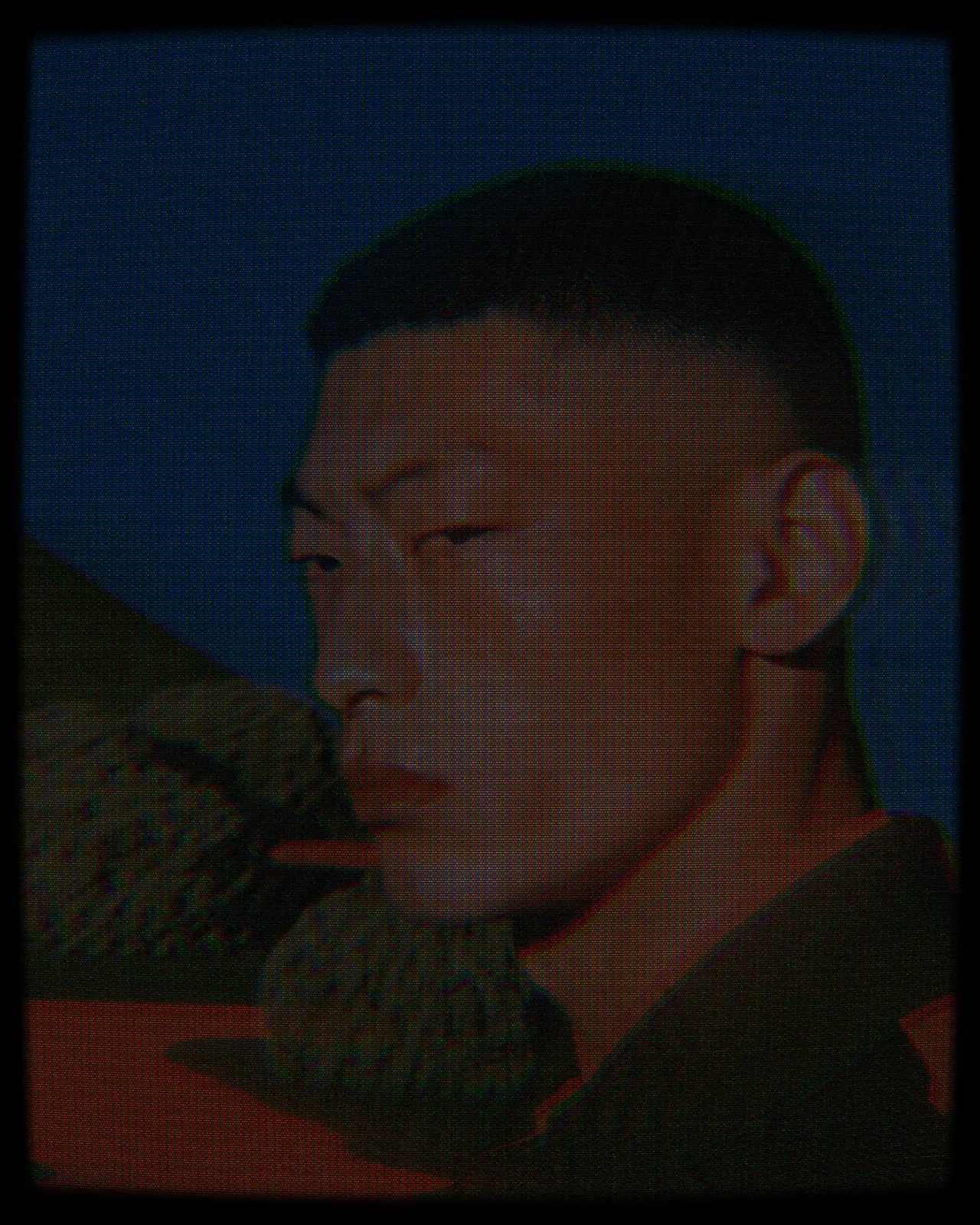 A man's buzz-cut profile as a dim CRT image with dense scanlines, a fine dot mask, darkened tones and faint color fringes, inside a black border.