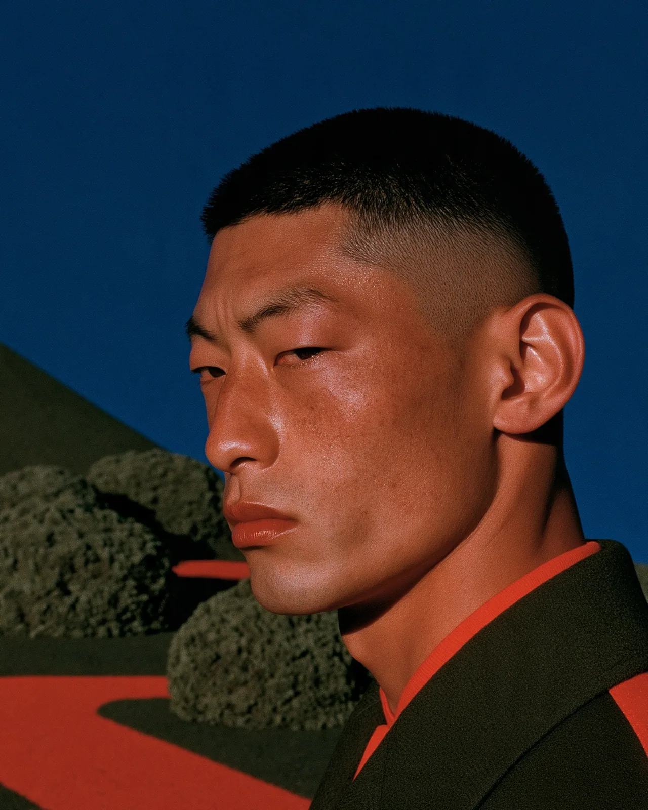 Close-up of a man with a buzz cut and dark jacket against a deep blue sky, with mossy rocks and a red path behind him in bright sunlight.