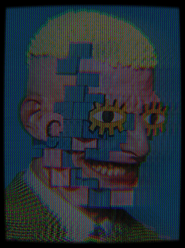 CCTV Effect on a photo of a man with a blue and pink block mask