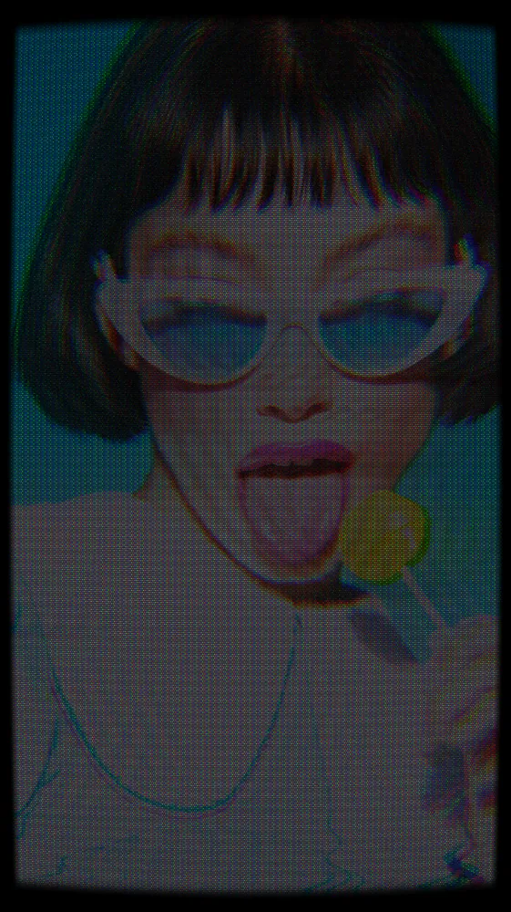 CCTV Effect on a photo of a woman in white cat-eye sunglasses