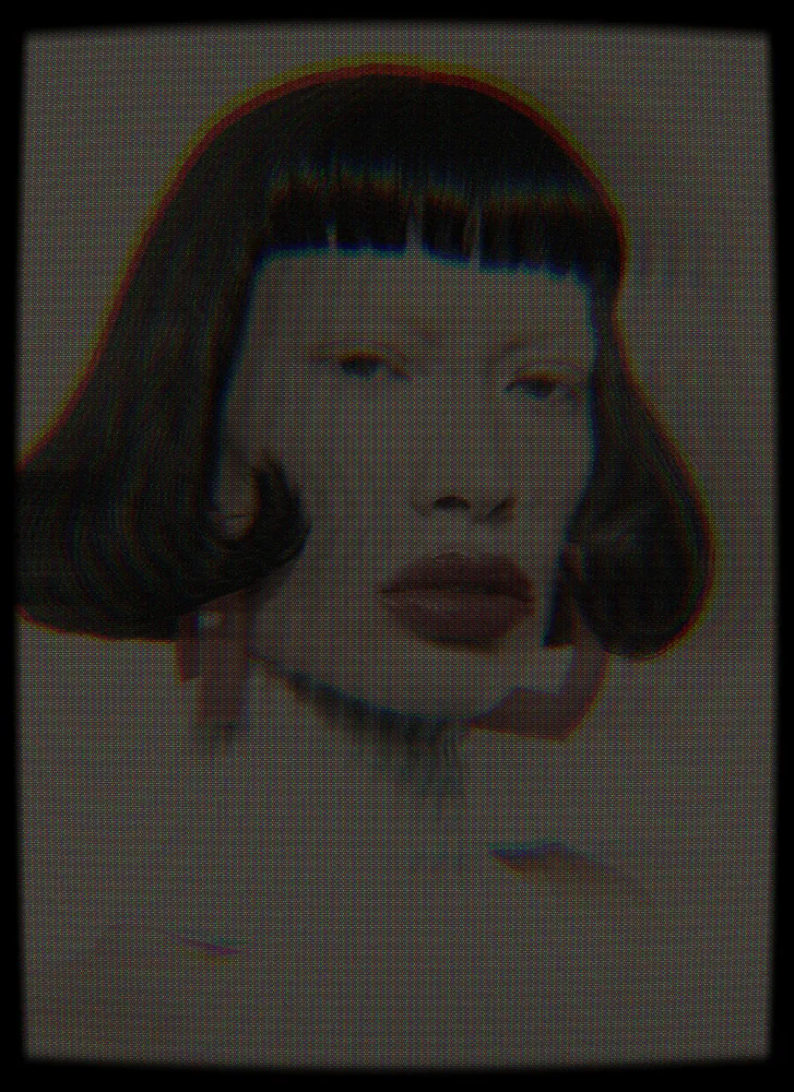 CCTV Effect on a photo of a woman with a black bob and red earrings