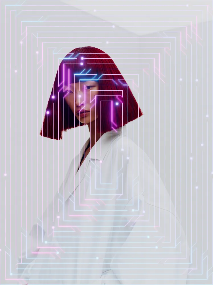 Circuit Board Effect on a photo of a woman with a red bob