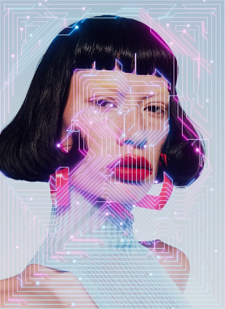 Circuit Board Effect on a photo of a woman with a black bob and red earrings