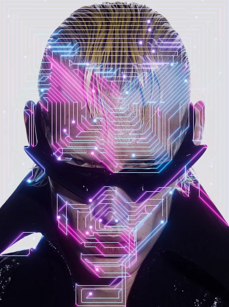 Circuit Board Effect on a photo of a man with slicked blond hair and sunglasses