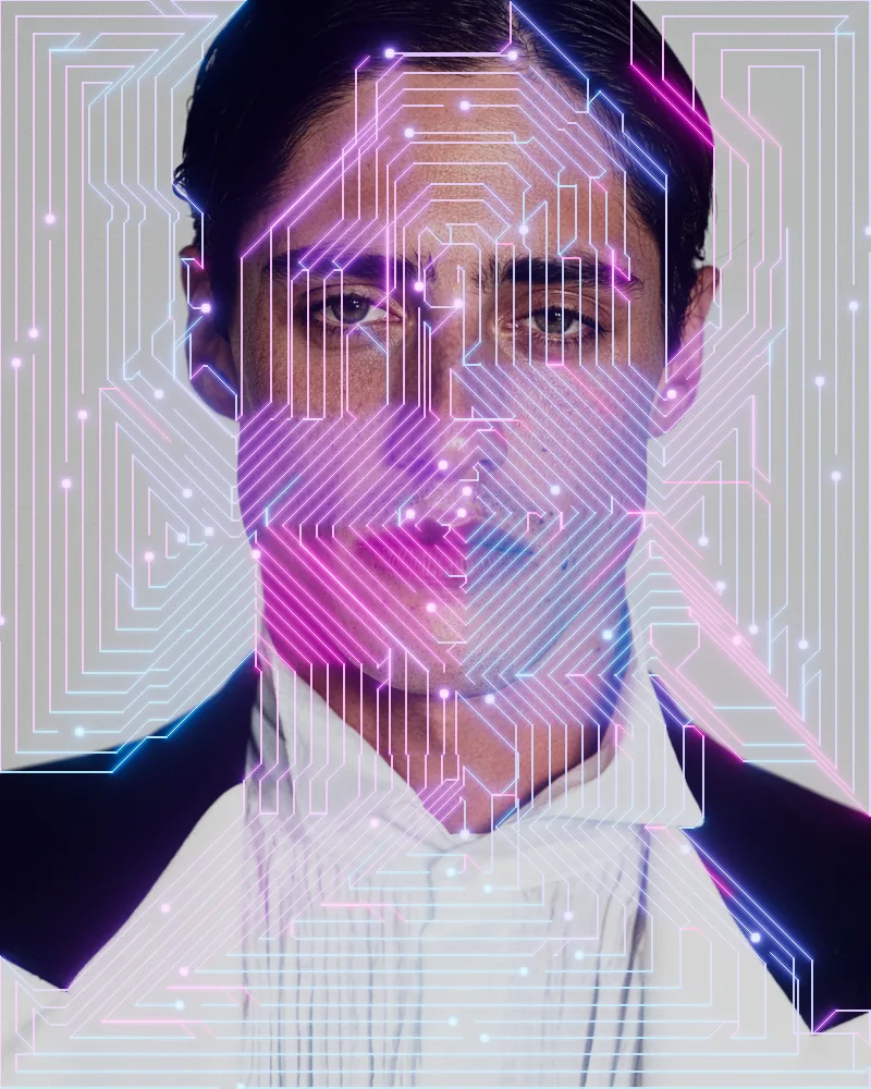 Circuit Board Effect on a photo of a man in a white shirt