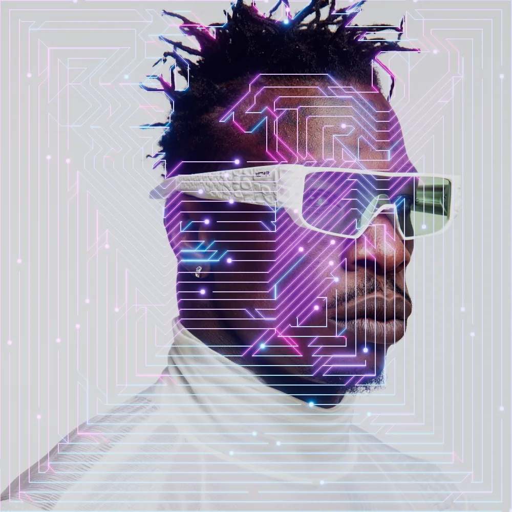 Circuit Board Effect on a photo of a man in white sunglasses
