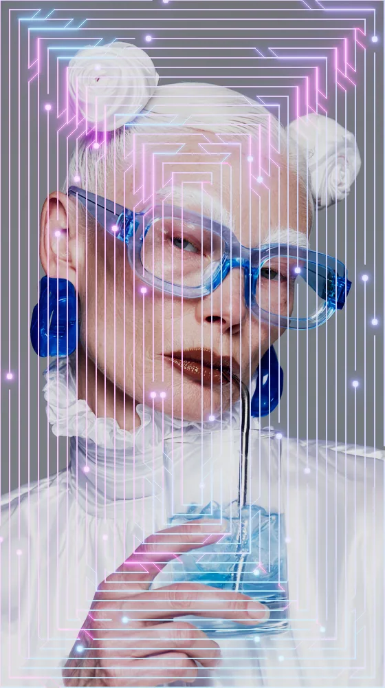 Circuit Board Effect on a photo of a woman in blue glasses