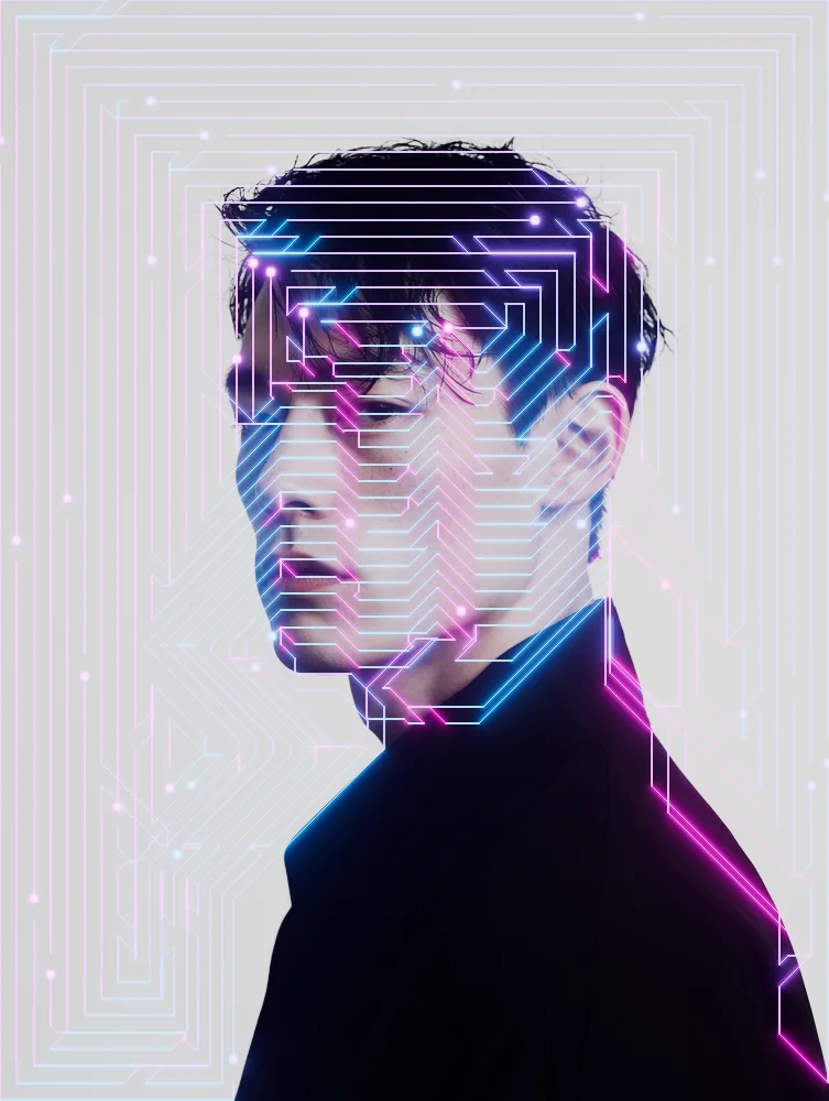 Circuit Board Effect on a photo of a young man in black