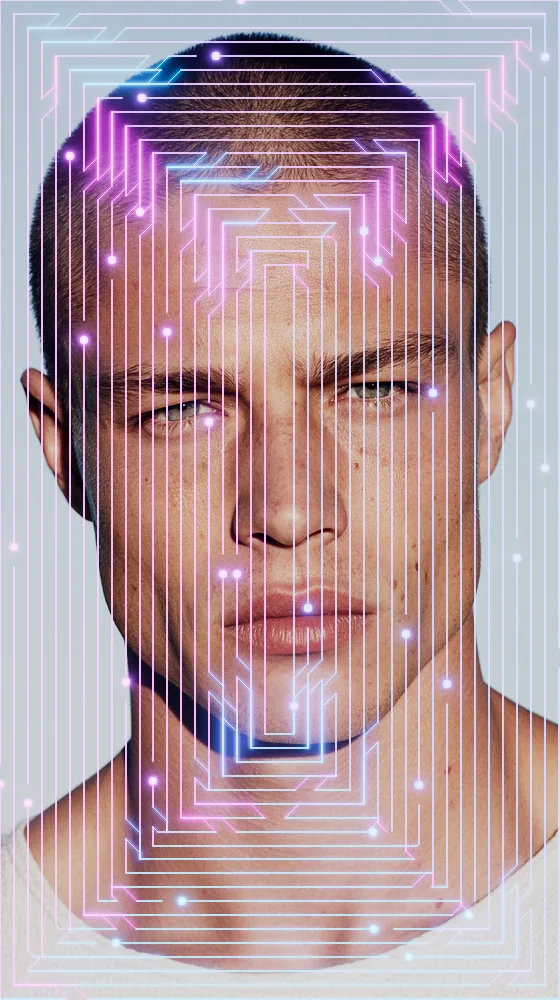 Circuit Board Effect on a photo of a man with a buzz cut