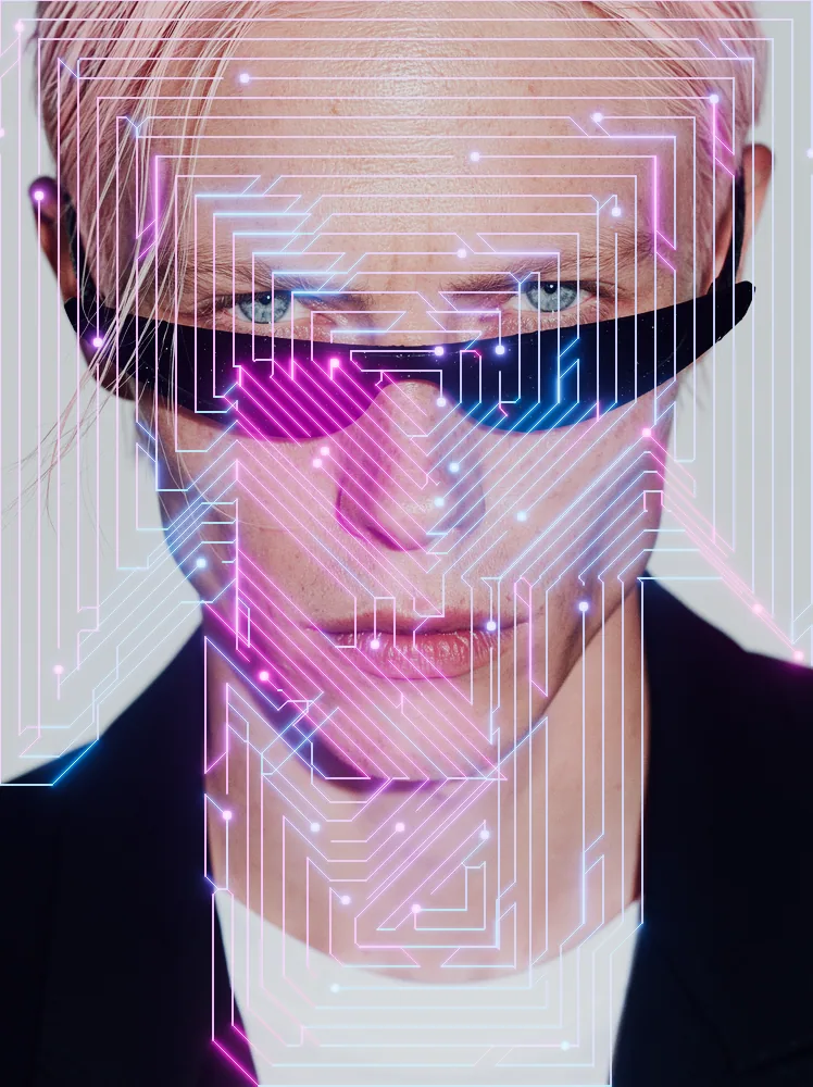 Circuit Board Effect on a photo of a man with pink hair and black sunglasses