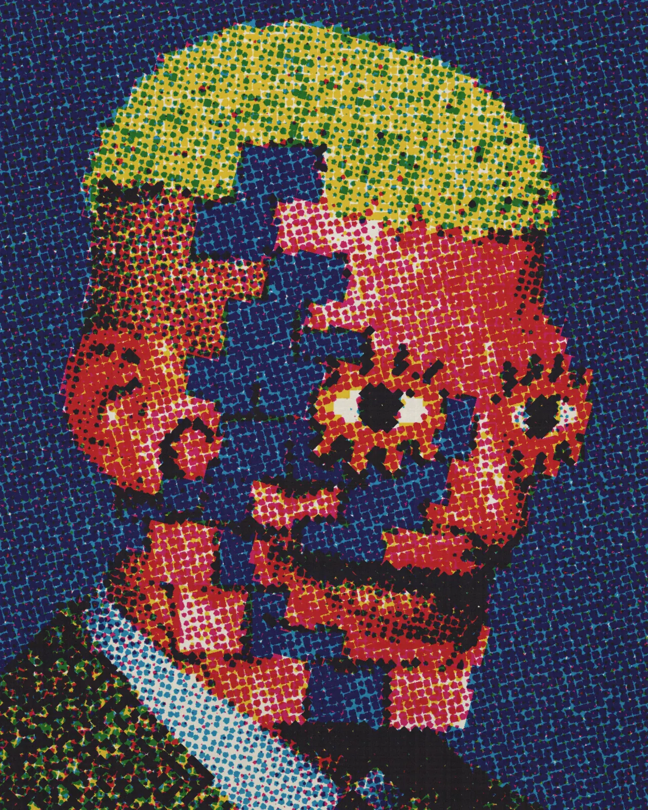 Halftone print version of the portrait: coarse cyan, magenta, yellow and black dots on textured paper against a dark blue dotted background.