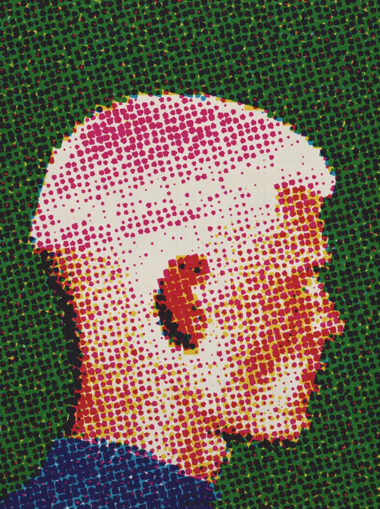 CMYK Effect on a photo of a man with pink hair on green