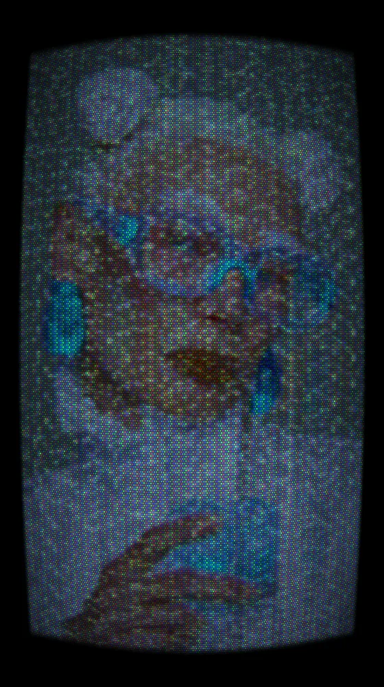 CRT Effect on a photo of a woman in blue glasses