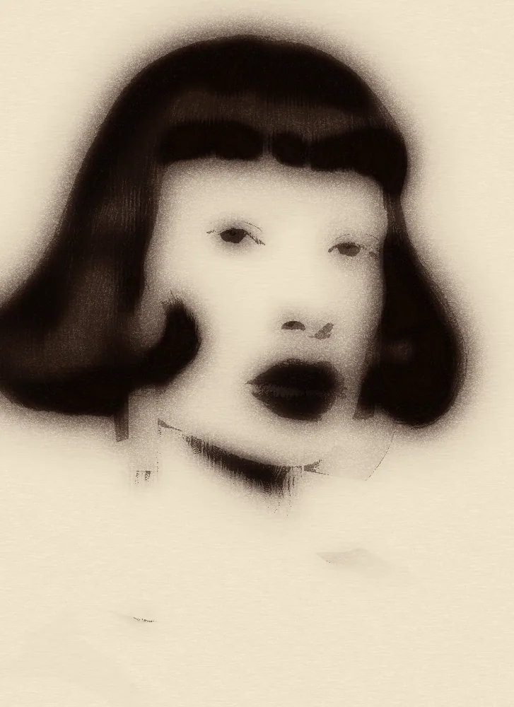 Cyanotype Effect on a photo of a woman with a black bob and red earrings