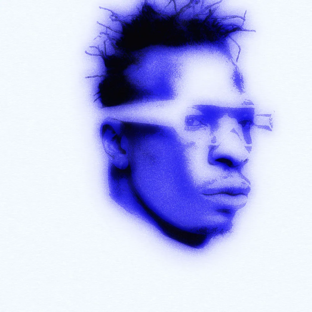 Cyanotype Effect on a photo of a man in white sunglasses