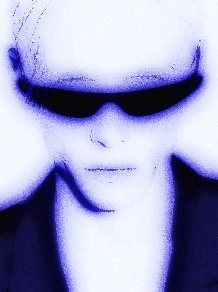 Cyanotype Effect on a photo of a man with pink hair and black sunglasses