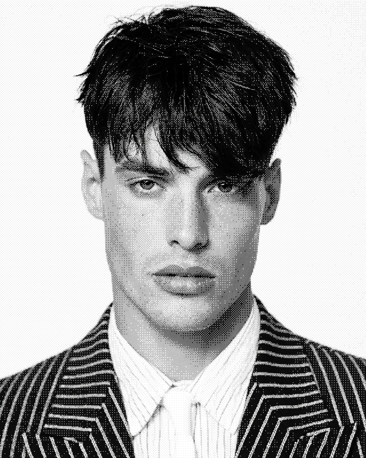 The same portrait rebuilt from fine black dots on white, with dense dots in the hair and jacket and sparse dots across the skin.