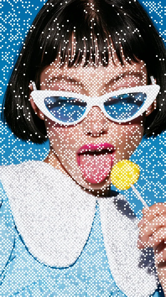 Dither Effect on a photo of a woman in white cat-eye sunglasses