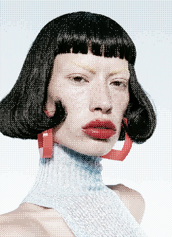 Dither Effect on a photo of a woman with a black bob and red earrings