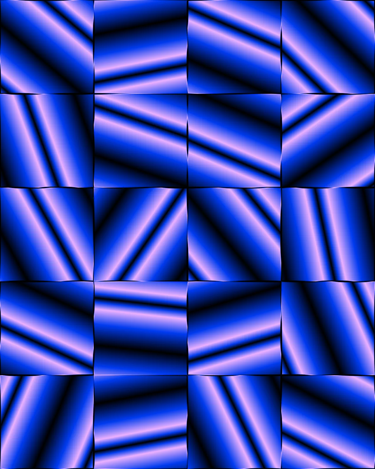A four by five grid of square tiles, each filled with angled bands of deep blue, black and pale violet gradient, separated by thin dark glassy seams.