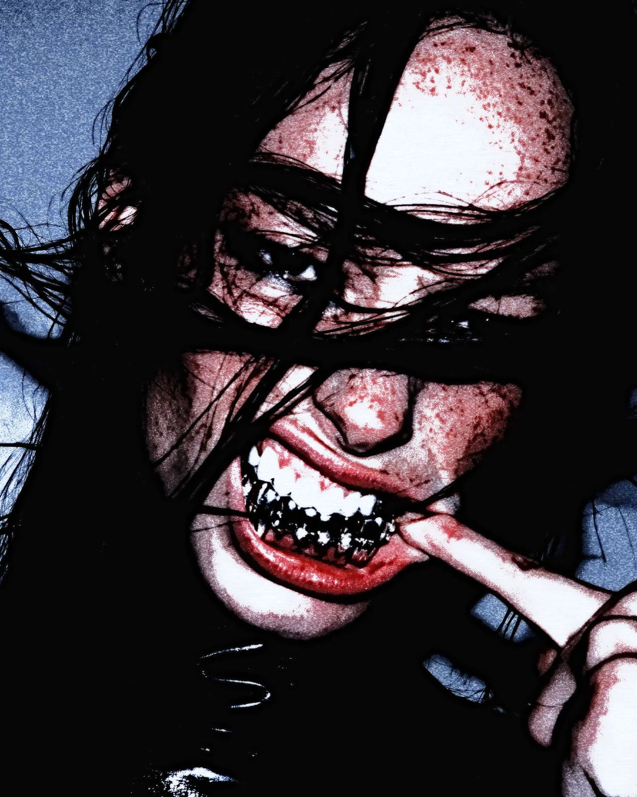 The same close-up with shadows crushed to black, speckled red and white skin, bright red lips and a grainy blue background.