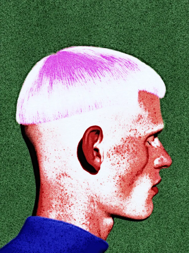 Grunge Effect on a photo of a man with pink hair on green