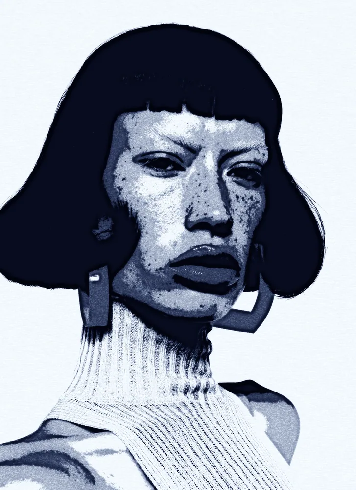 Grunge Effect on a photo of a woman with a black bob and red earrings