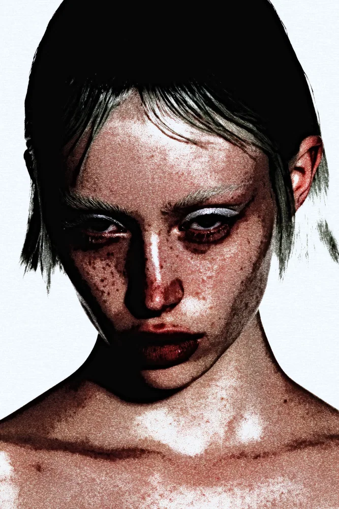 Grunge Effect on a photo of a pale woman with a white bob