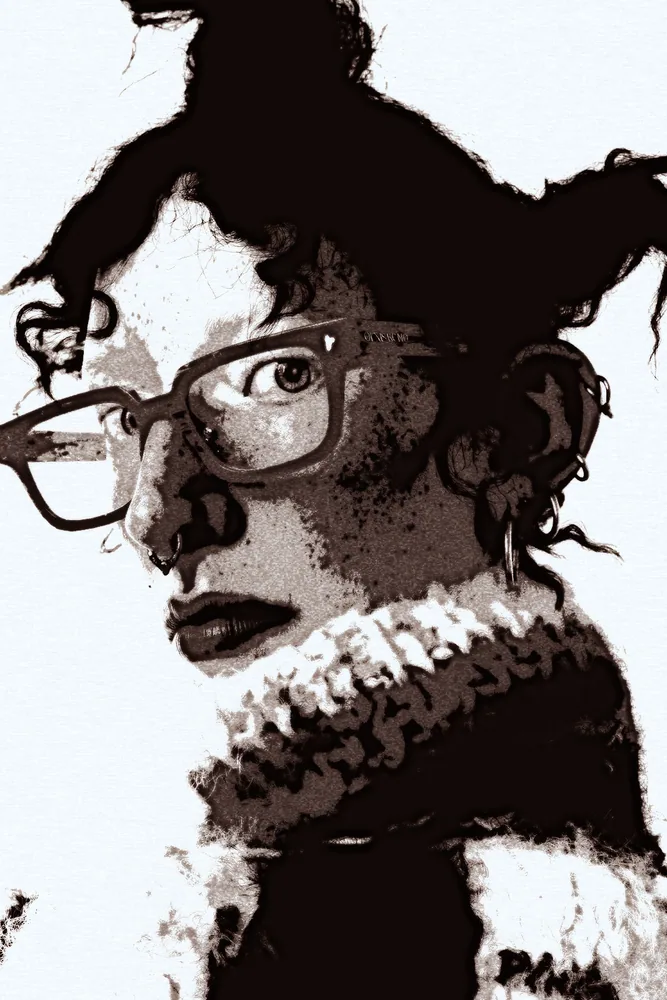 Grunge Effect on a photo of a woman in orange glasses and a knit collar
