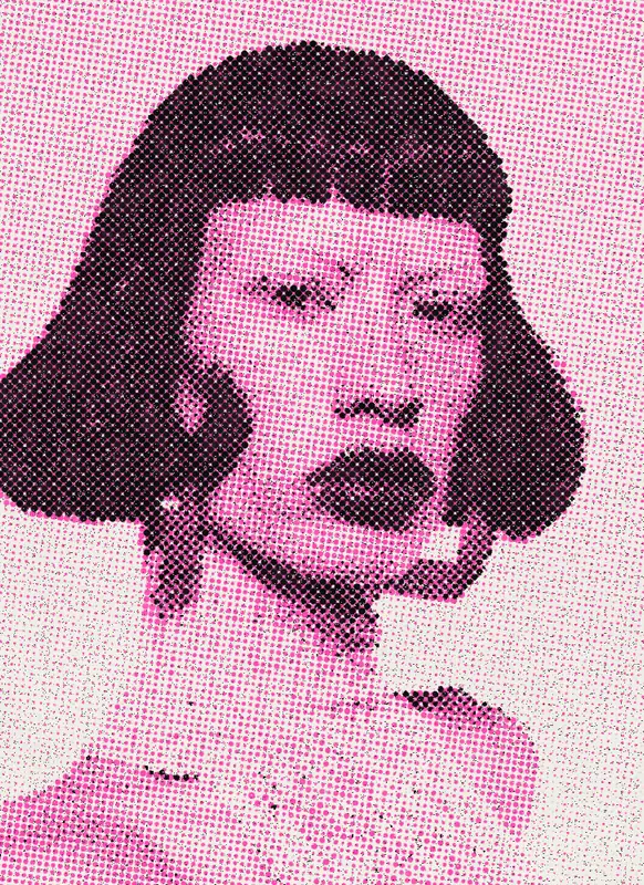 Halftone Effect on a photo of a woman with a black bob and red earrings
