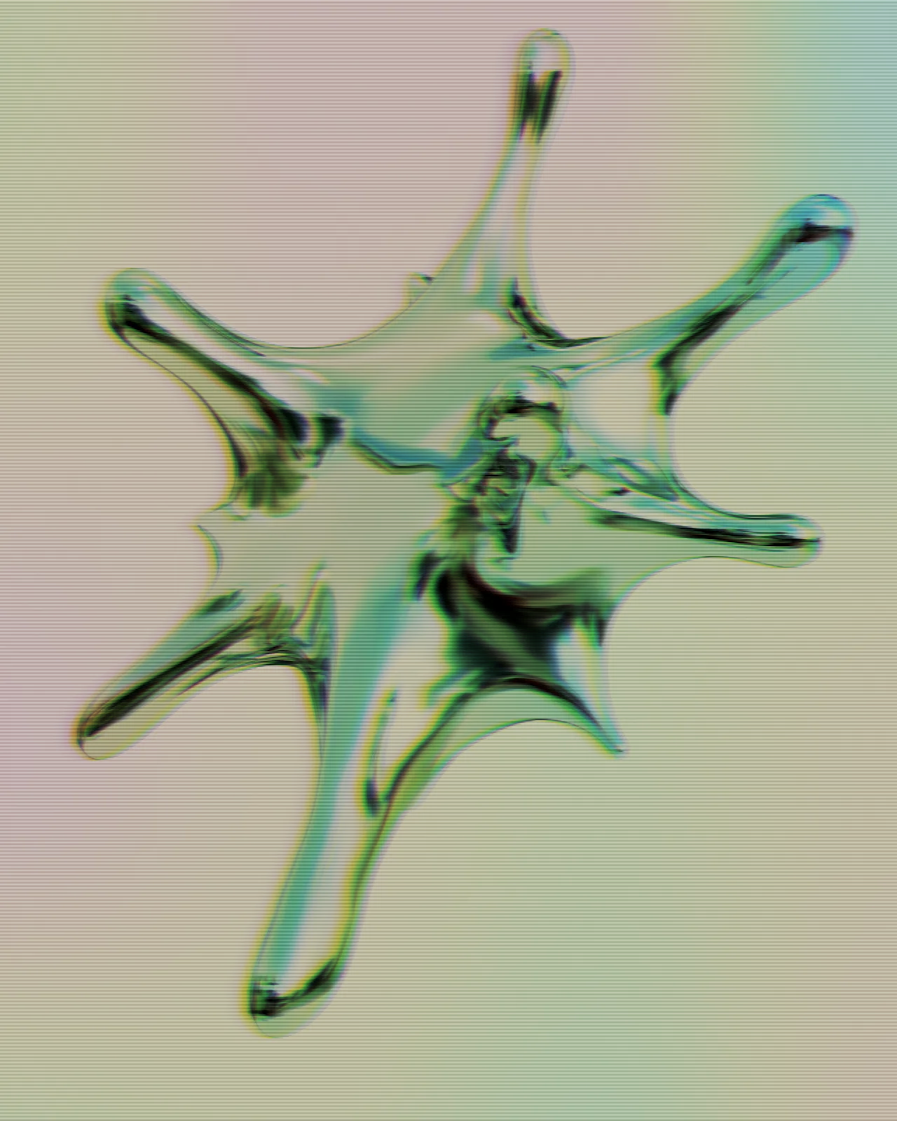The chrome splash turned green and cyan with rainbow fringes on its edges, under fine horizontal scanlines on a cream background.