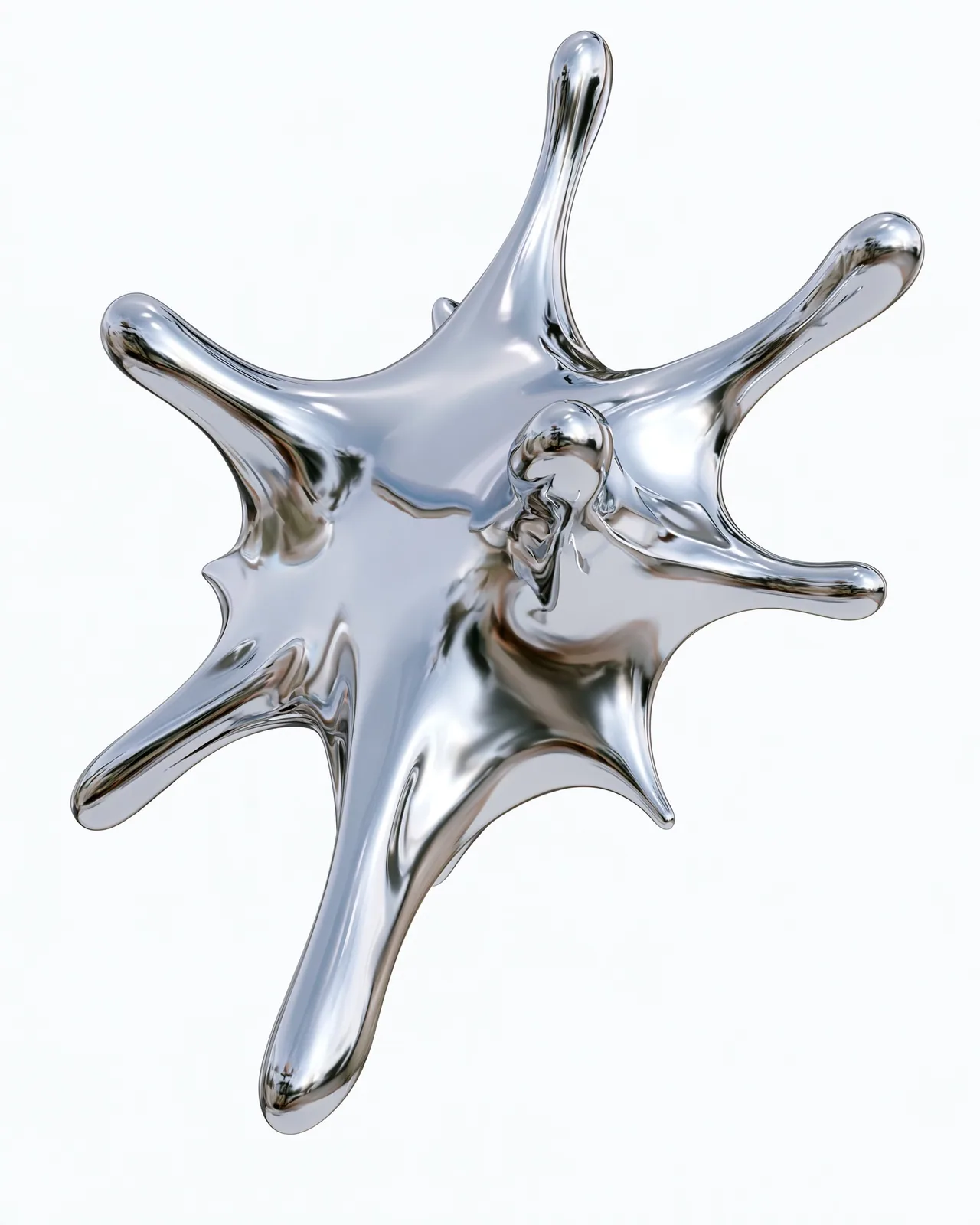 A glossy chrome liquid splash with rounded tendrils reaching outward, reflecting soft light on a plain white background.