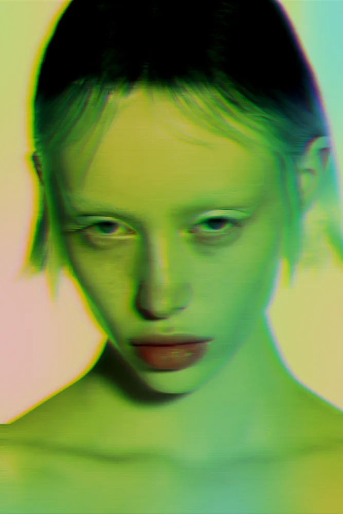 Holographic Effect on a photo of a pale woman with a white bob