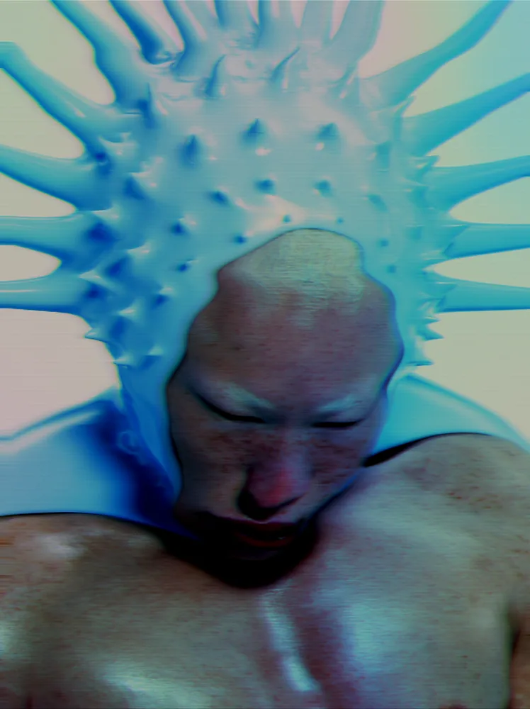 Holographic Effect on a photo of a man in a spiked blue hood